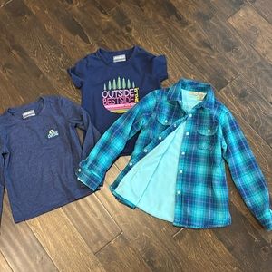 L L Bean lined flannel shirt jacket girls size 8, 2  plus Eddie Bauer t-shirts